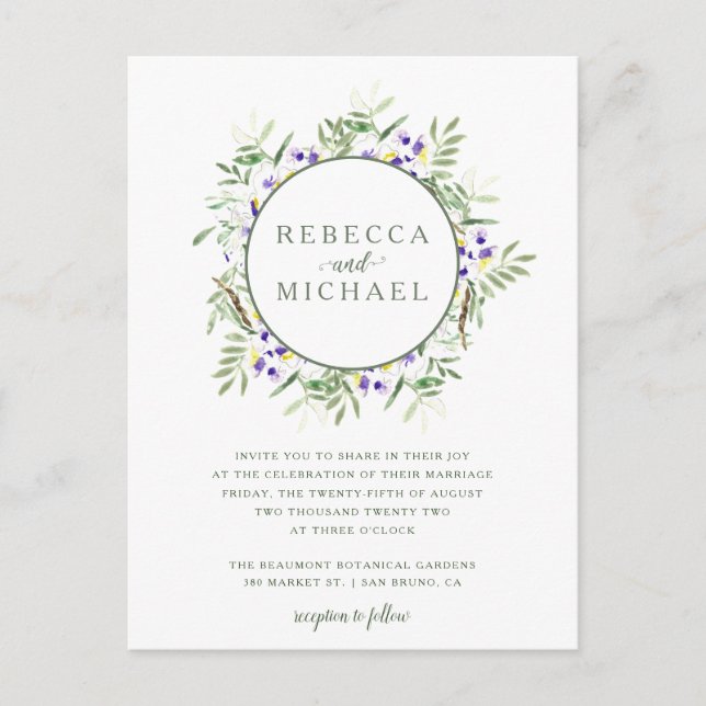 Invitation Carte Postale Elégant Aquarelle Wisteria Wreath Mariage (Devant)