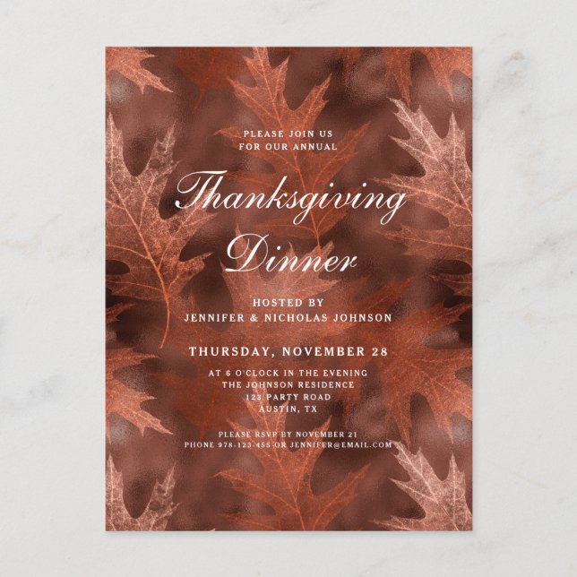 Invitation Carte Postale Élégant automne quitte Thanksgiving Dîner (Devant)