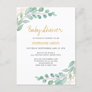 Invitation Carte Postale Elégant Baby shower de verdure Eucalyptus 