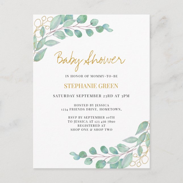 Invitation Carte Postale Elégant Baby shower de verdure Eucalyptus (Devant)