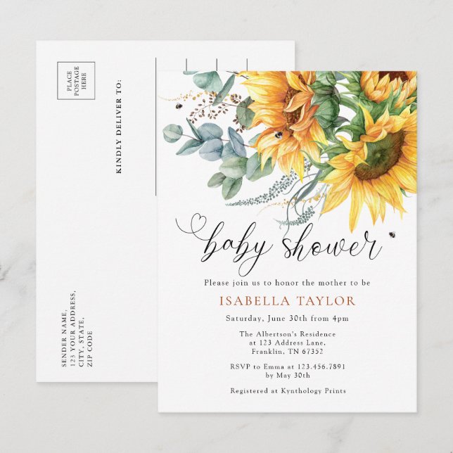 Invitation Carte Postale Élégant Baby shower rustique de tournesol (Devant / Derrière)