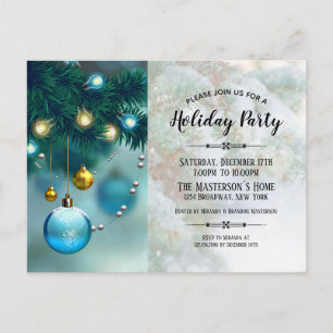 Invitation Carte Postale Élégant Baubles de Noël Or Bleu Fête de Noël
