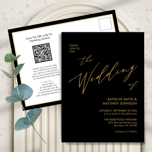 Invitation Carte Postale Élégant Black Gold QR Code Tout en un Mariage chic (Créateur téléchargé)