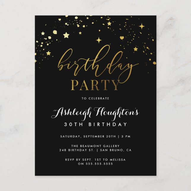 Invitation Carte Postale Elégant Black & Gold Star Confetti Anniversaire (Devant)