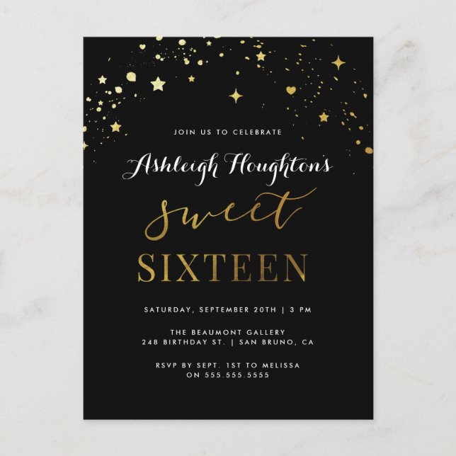 Invitation Carte Postale Elégant Black & Gold Star Confetti Sweet 16 (Devant)
