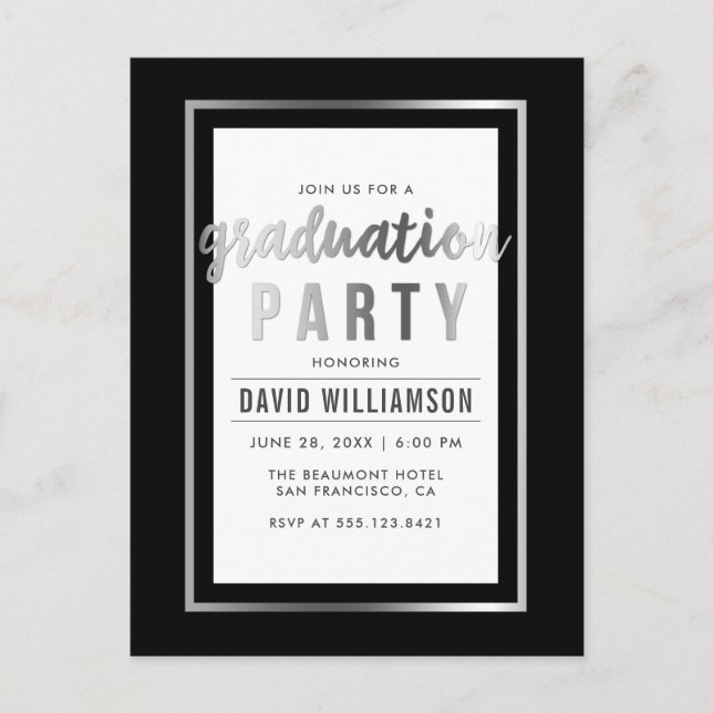 Invitation Carte Postale Elégant Black & Silver Typography Graduation Party (Devant)