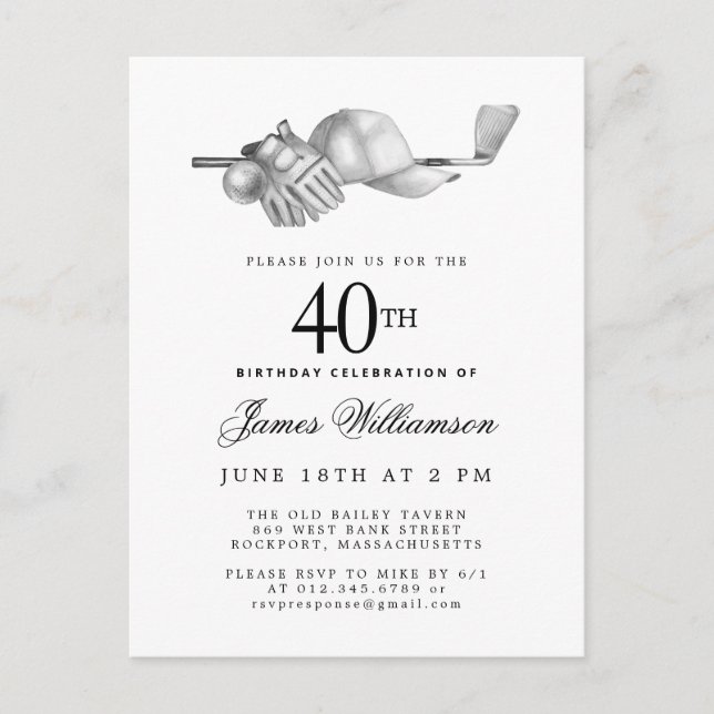 Invitation Carte Postale Elégant Black White Golf 40e anniversaire (Devant)