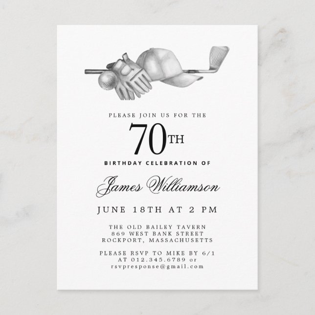 Invitation Carte Postale Elégant Black White Golf 70e anniversaire (Devant)