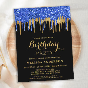 Invitation Carte Postale Elégant Bleu Gold Black Parties scintillant Drives