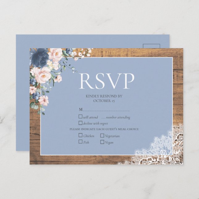 Invitation Carte Postale Élégant Bleu Poussiéreux Blush Fleurs de Mariage e (Devant / Derrière)