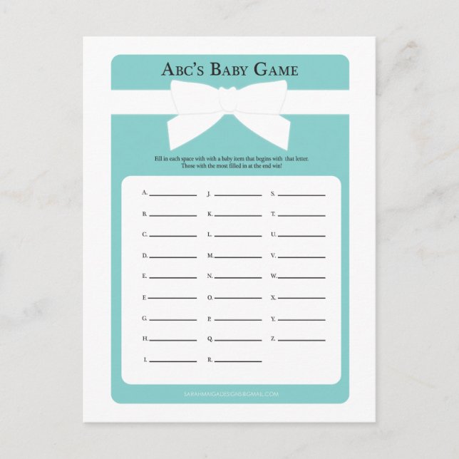 Invitation Carte Postale Elégant Blue Bow ABC's Baby shower Game (Devant)