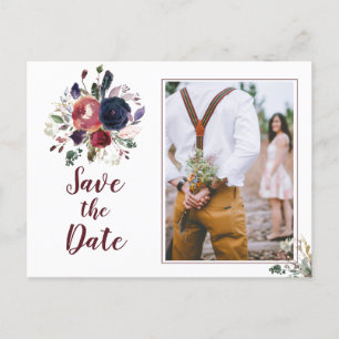 Invitation Carte Postale Élégant Bohème Mariage Floral Bordeaux et Bleu Nui