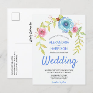 Invitation Carte Postale Elégant Boho Blue Rose Floral Arch Wedding Invitat
