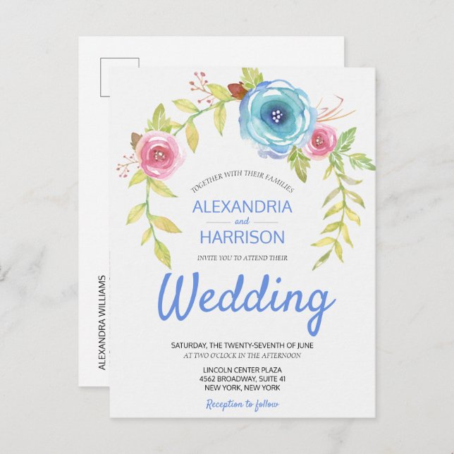 Invitation Carte Postale Elégant Boho Blue Rose Floral Arch Wedding Invitat (Devant / Derrière)