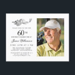 Invitation Carte Postale Elégant Classic Golf 60th Birthday Party Photo<br><div class="desc">Elégante invitation d'anniversaire en noir et blanc pour un golfeur. Le top de l'invitation est décoré d'accessoires de golf - un club de golf, balle de golf, casquette et gants. L'aquarelle crée une esthétique traditionnelle et classique. Parfait pour un bain d'anniversaire au club ou un jardin barbecue. Tout le texte...</div>