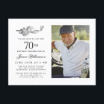 Invitation Carte Postale Elégant Classic Golf 70th Birthday Party Photo<br><div class="desc">Elégante invitation d'anniversaire en noir et blanc pour un golfeur. Le top de l'invitation est décoré d'accessoires de golf - un club de golf, balle de golf, casquette et gants. L'aquarelle crée une esthétique traditionnelle et classique. Parfait pour un bain d'anniversaire au club ou un jardin barbecue. Tout le texte...</div>