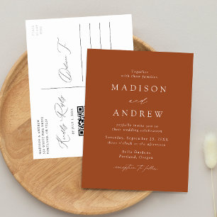Invitation Carte Postale Élégant Code QR Mariage en Terracotte Moderne