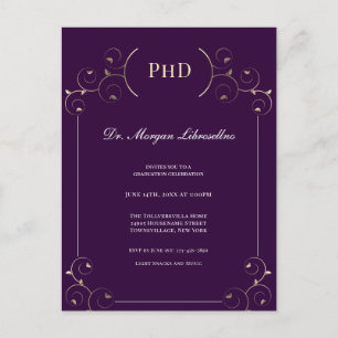 Invitation Carte Postale Élégant doctorat Gold Purple Graduation Party