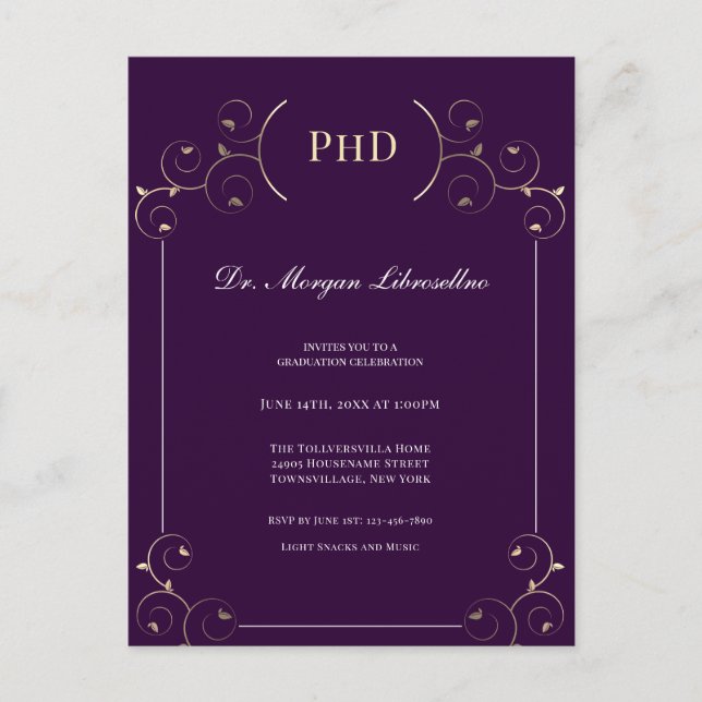 Invitation Carte Postale Élégant doctorat Gold Purple Graduation Party (Devant)