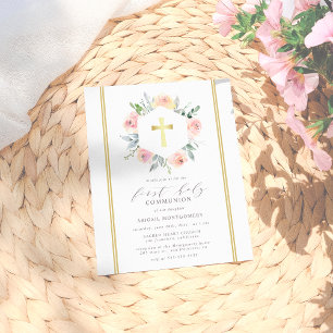 Invitation Carte Postale Élégant et moderne Or Floral Première Communion Sa