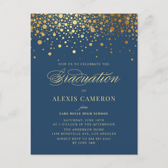 Invitation Carte Postale Elégant Faux Gold Foil Confetti Blue Graduation (Devant)