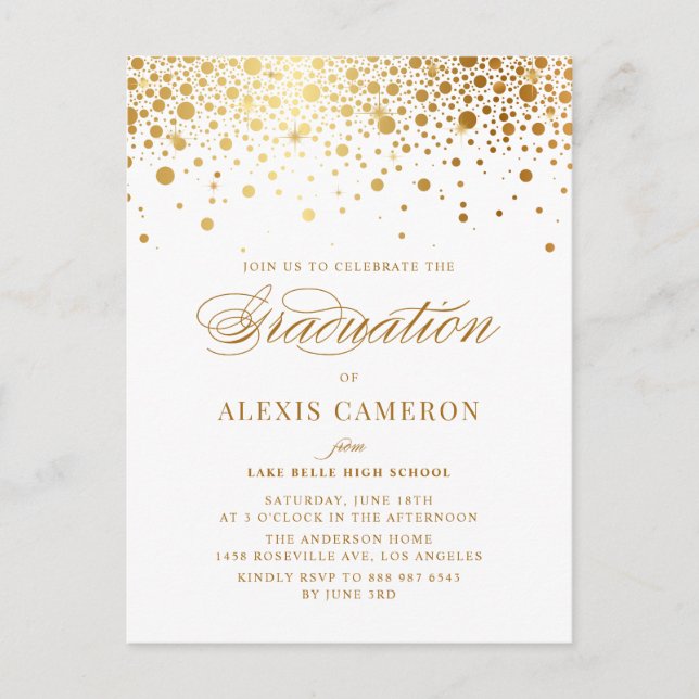 Invitation Carte Postale Élégant Faux Gold Foil Confetti Graduation (Devant)