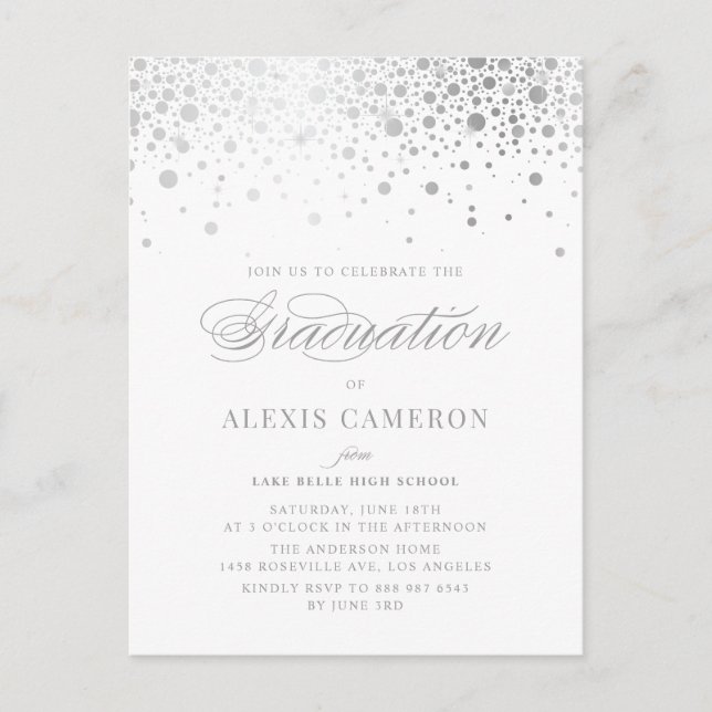 Invitation Carte Postale Élégant Faux Silver Foil Confetti Graduation (Devant)