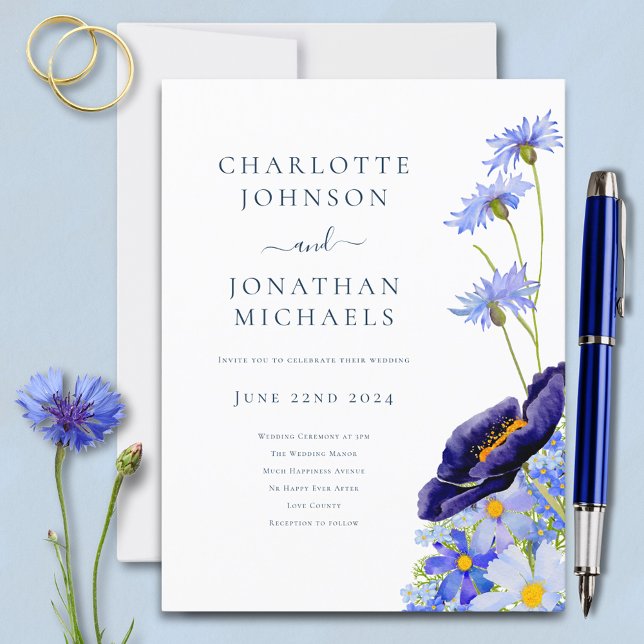 Invitation Carte Postale Elégant Fleur sauvage floral bleu (Modern wildflower blue floral budget wedding invitation postcard )