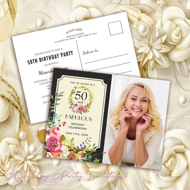 Invitation Carte Postale Elégant Floral 50 et Fabulous 50th Birthday Party (Créateur téléchargé)