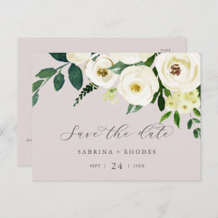 Invitation Carte Postale Élégant floral blanc Blush Mauve Enregistrer la