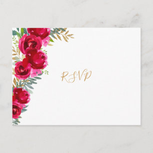 Invitation Carte Postale Elégant fuchsia floral or mariage rsvp + entrees