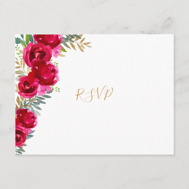 Invitation Carte Postale Élégant fuchsia floral or RSVP de mariage + entrée (Devant)