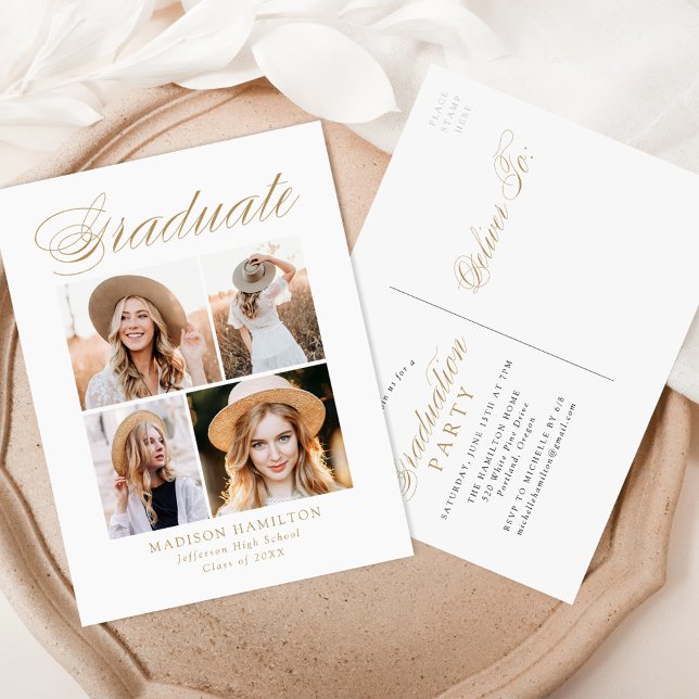 Invitation Carte Postale Elégant Gold Calligraphy 4 Photo Graduation Party (Créateur téléchargé)