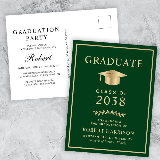 Invitation Carte Postale Élégant Green Gold College Graduation Party (An elegant college graduation party invitation postcard to celebrate the graduate's achievements)