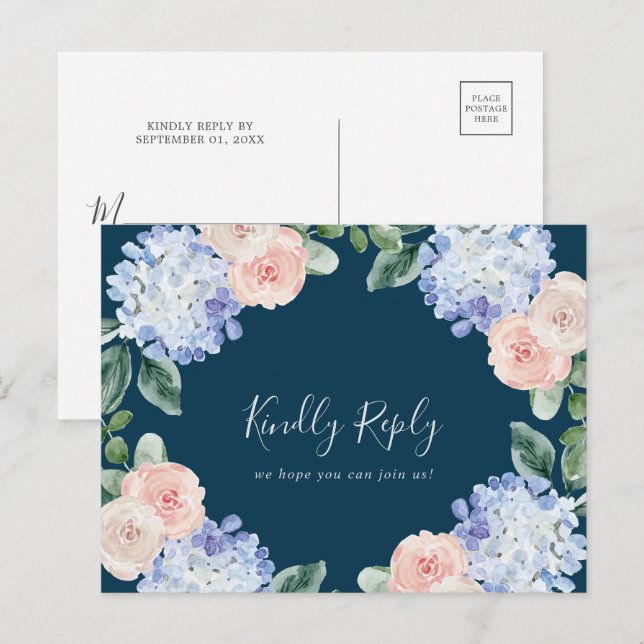 Invitation Carte Postale Elegant Hydrangea Navy demande de chanson RSVP car (Devant / Derrière)