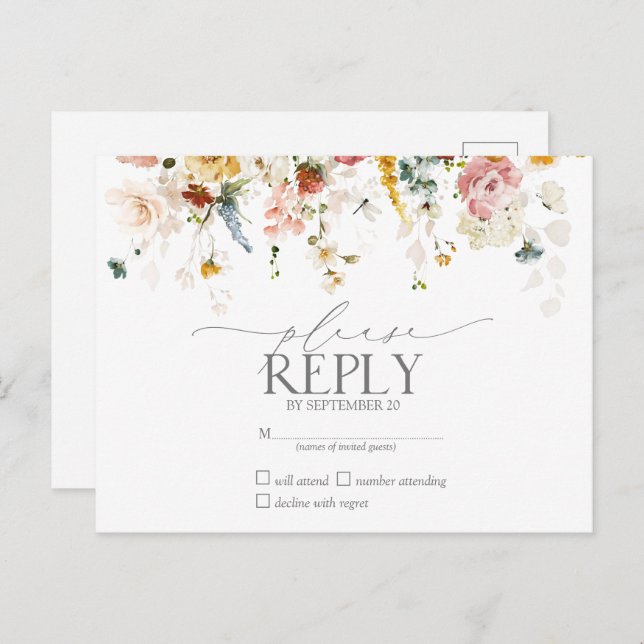 Invitation Carte Postale Elégant Jardin Fleurs Aquarelle Florale RSVP (Devant / Derrière)