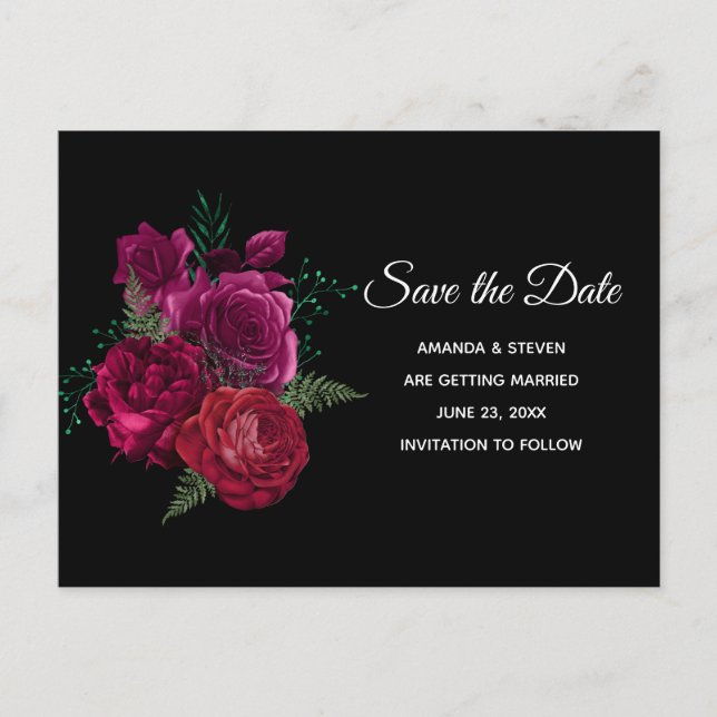 Invitation Carte Postale Elégant Magenta Rose Bouquet floral Enregistrer la (Devant)