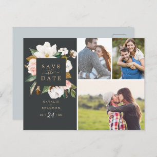 Invitation Carte Postale Élégant Magnolia   Black 3 Photo Enregistrer la da