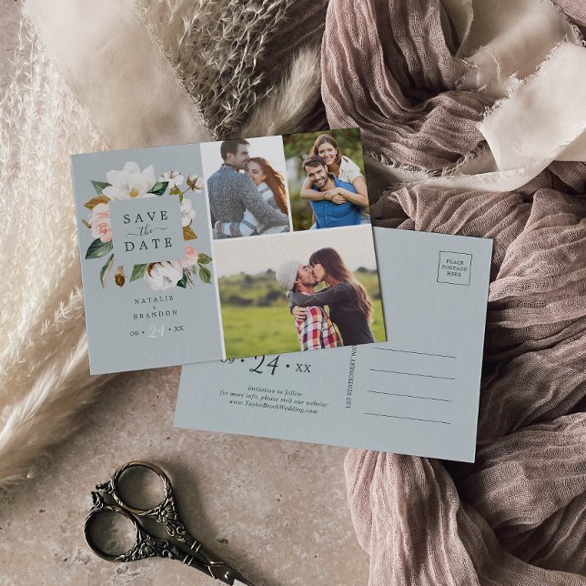 Invitation Carte Postale Élégant Magnolia | Blue Grey 3 Photo Enregistrer l (Créateur téléchargé)