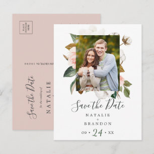 Invitation Carte Postale Élégant Magnolia   Photo blanche Enregistrer la da