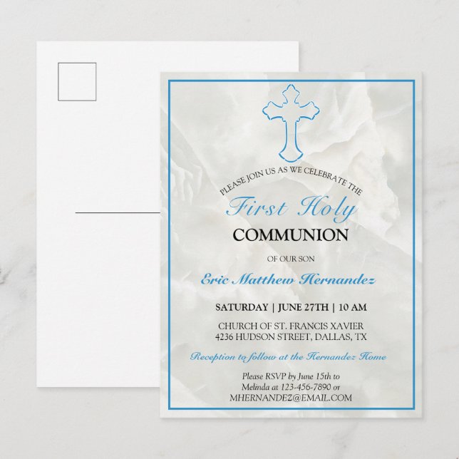 Invitation Carte Postale Élégant Marbre Première Sainte Communion Invitatio (Devant / Derrière)
