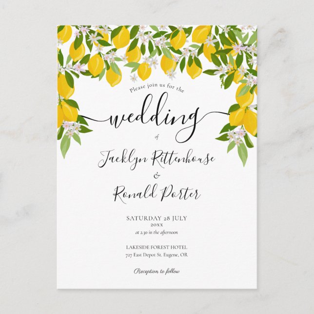 Invitation Carte Postale Élégant mariage avec verdure et citrons  (Devant)