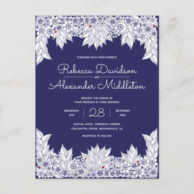 Invitation Carte Postale Elégant Mariage bleu blanc (Devant)