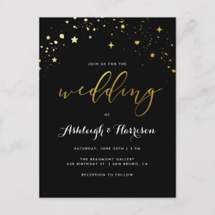 Invitation Carte Postale Élégant Mariage Confetti Black & Gold Star