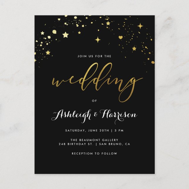Invitation Carte Postale Élégant Mariage Confetti Black & Gold Star (Devant)