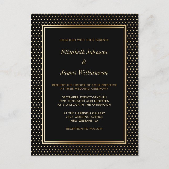 Invitation Carte Postale Élégant Mariage de point Polka Black & Gold Foil (Devant)