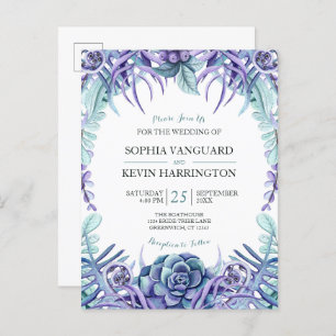 Invitation Carte Postale Elégant Mariage floral Succulent violet Aquarelle