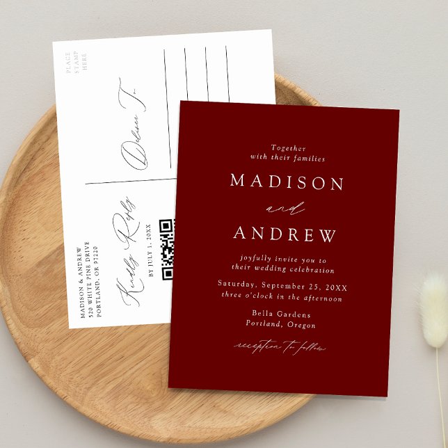 Invitation Carte Postale Élégant Mariage Moderne Code QR Bourgogne (Créateur téléchargé)