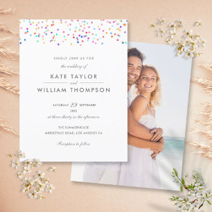 Invitation Carte Postale Élégant Mariage photo Rainbow Confetti moderne