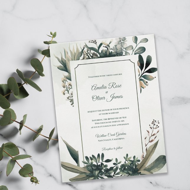 Invitation Carte Postale Élégant mariage vert botanique de sauge avec verdu (Elegant Botanical Greenery Wedding Invitation | Sage Green Frame Garden Wedding Invite)